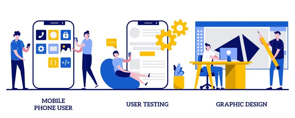 Mobile phone user, user testing, graphic design concept with tiny people. A.. Stock Illustration