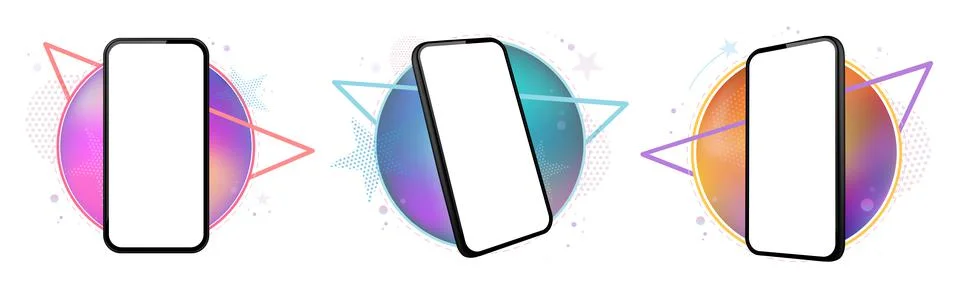 Mobile Phone Vector Mockup Set With Geometric Abstract Backgrounds. Stock Illustration