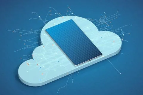Mobile phone with virtual data lines, cloud storage and computing, 3d renderi Stock Illustration