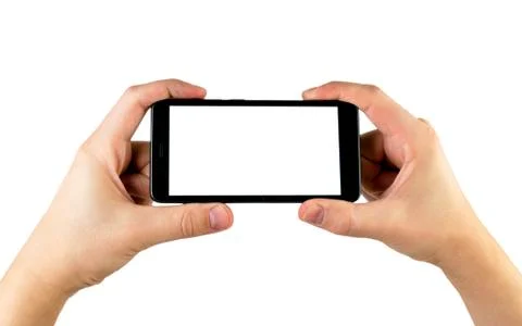 Mobile phone with white screen in two hands on a white. Isolated. Stock Photos