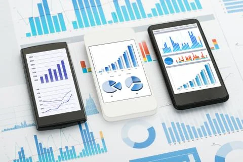 Mobile Phones With  Analytics Graphs And Charts 스톡 사진