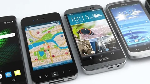 Mobile phones with different applications on the screen. Stock Footage 78163483