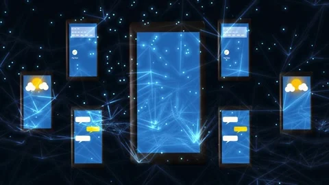 Mobile phones display apps on plexus background Stock Footage 331739447
