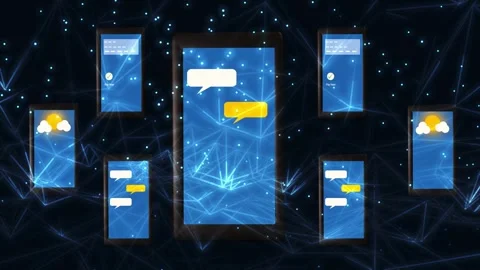 Mobile phones display apps on plexus background Stock Footage 332240190