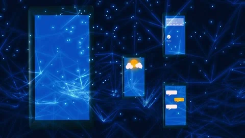 Mobile phones display apps on plexus background Stock Footage 332360044