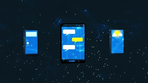 Mobile phones display apps on plexus background Stock Footage 334651679