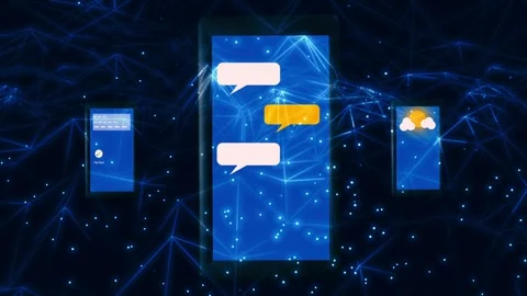 Mobile phones display apps on plexus background Stock Footage 335103574