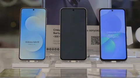 Mobile phones on display in electronics store. Minsk, Belarus - March 14, 2026 Stock Footage 345604999