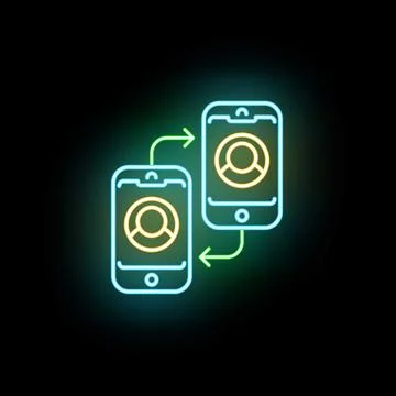 Mobile phones exchanging data neon glowing icon Illustrazione stock