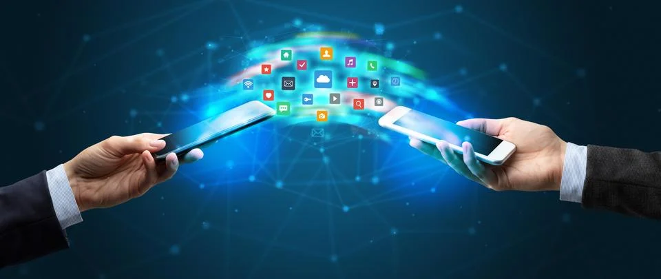 Mobile phones syncing application 스톡 사진