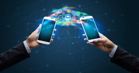Mobile phones syncing application Stock Photos
