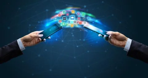 Mobile phones syncing application Stockfoto's