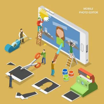 Mobile photo editor flat isometric vector concept. Stock Illustration