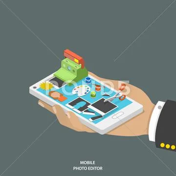 Mobile photo editor flat isometric vector concept. Stock Illustration