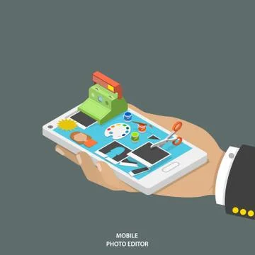 Mobile photo editor flat isometric vector concept. Stock Illustration
