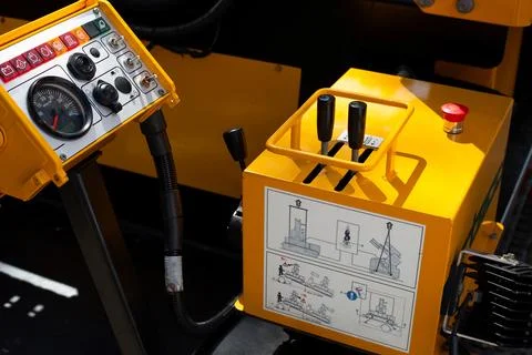 Mobile pile driving station control unit. Compact pile driving unit with to.. Stock Photos