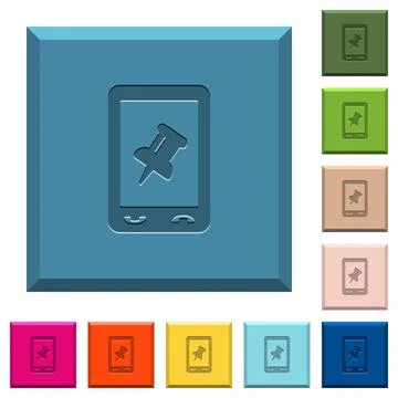 Mobile pin data engraved icons on edged square buttons Stock Illustration