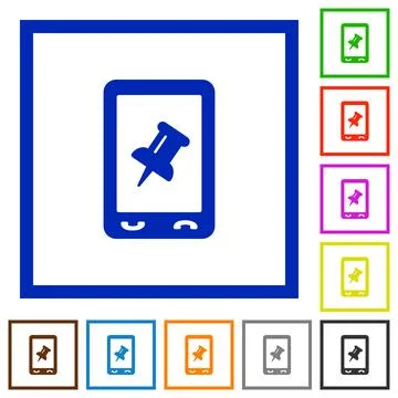 Mobile pin data flat framed icons Stock Illustration