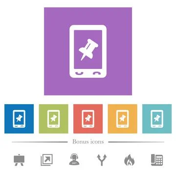 Mobile pin data flat white icons in square backgrounds Stock Illustration