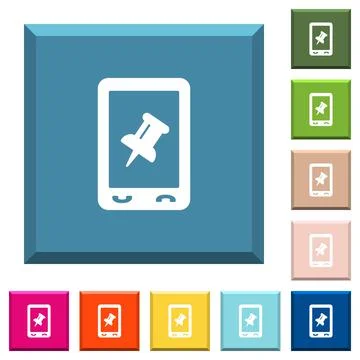 Mobile pin data white icons on edged square buttons Stock Illustration
