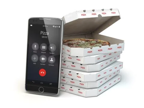 Mobile pizza ordering and delivery concept. Smartphone and pizza boxes. Illustration