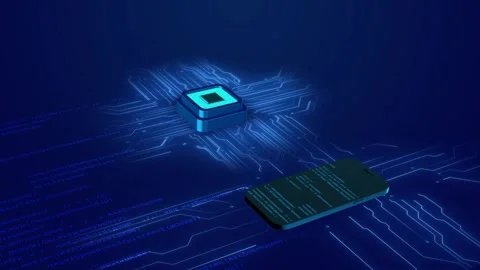 Mobile processor circuit technology floating chip, smartphone code, glowing blue Stock Footage 340572607