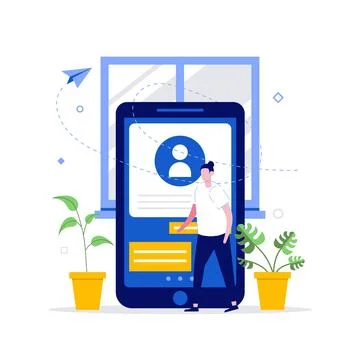 Mobile profile and customer analysis concepts with character. Office applic.. Stock Illustration
