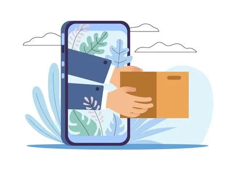 Mobile prompt delivery. Phone screen and hands giving parcel to customer Illustrazione stock