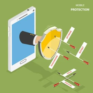 Mobile protection flat isometric vector concept. Stock Illustration