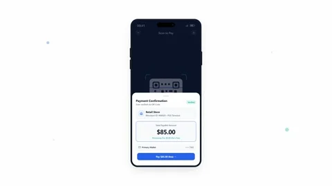 Mobile qr code payment flow animation showing successful transaction. 4K Stock Footage 345495378