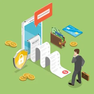 Mobile receipt flat isometric vector concept. Stock Illustration