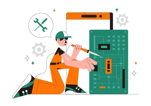 Mobile Repair Vector Illustration Featuring a Telephone or Smartphone Elect.. Stock Illustration