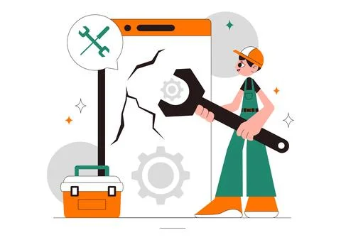 Mobile Repair Vector Illustration Featuring a Telephone or Smartphone Elect.. Stock Illustration