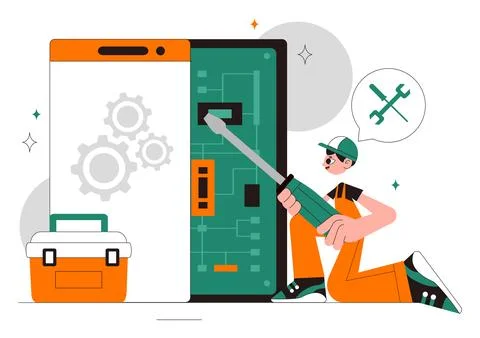 Mobile Repair Vector Illustration Featuring a Telephone or Smartphone Elect.. Stock Illustration