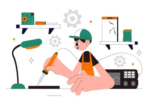 Mobile Repair Vector Illustration Featuring a Telephone or Smartphone Elect.. Stock Illustration