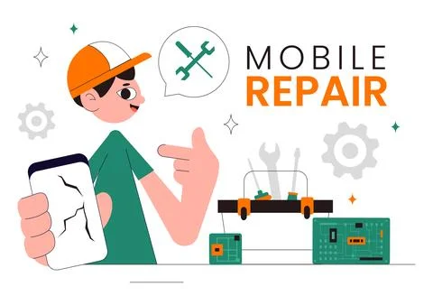 Mobile Repair Vector Illustration Featuring a Telephone or Smartphone Elect.. Stock Illustration