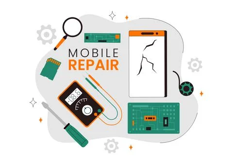 Mobile Repair Vector Illustration Featuring a Telephone or Smartphone Elect.. Stock Illustration