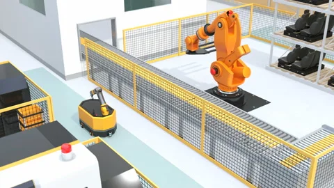 Mobile robot, heavy payload robot cell, forklift and CNC Stock Footage 117869276