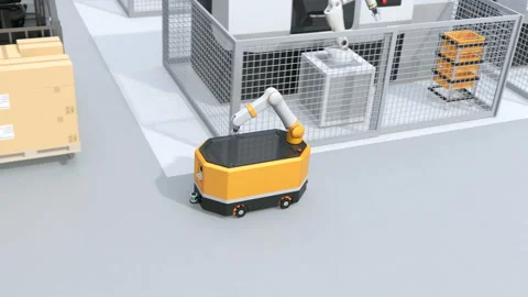 Mobile robot passing CNC robot cells in factory Stock Footage 117869227