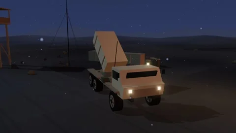 Mobile rocket artillery launcher raising its launch pod at twilight with Stock Footage 340779614