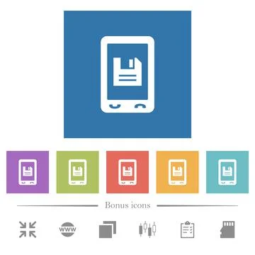 Mobile save data flat white icons in square backgrounds Stock Illustration