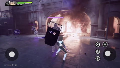 Mobile sci-fi RPG battle with wounded character near complex wall at night Stock Footage 318315332