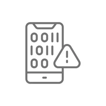 Mobile screen with binary code, mobile software problems line icon. Stock Illustration