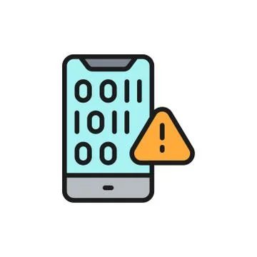Mobile screen with binary code, mobile software problems flat color line icon. Stock Illustration