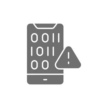 Mobile screen with binary code, mobile software problems grey icon. Stock Illustration