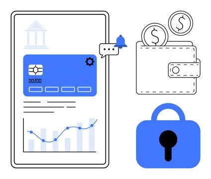 Mobile screen with blue card interface and charts, notification bell, wallet  Stock Illustration