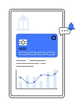 A mobile screen displaying a bank interface with a credit card, notification  Stockillustratie