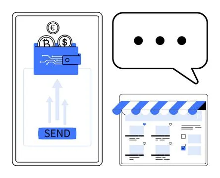 Mobile screen displays digital wallet with currency symbols and SEND button,  Stock Illustration