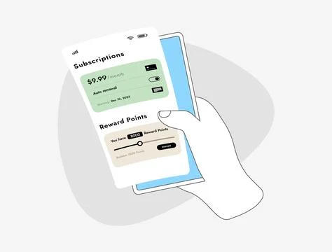 Mobile screen with Monthly Subscription Auto-Renewal payment settings. Easy Stock Illustration