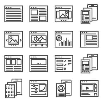 Mobile Screens User Interface Kit. Site Screens Interface icons set. Illustrazione stock